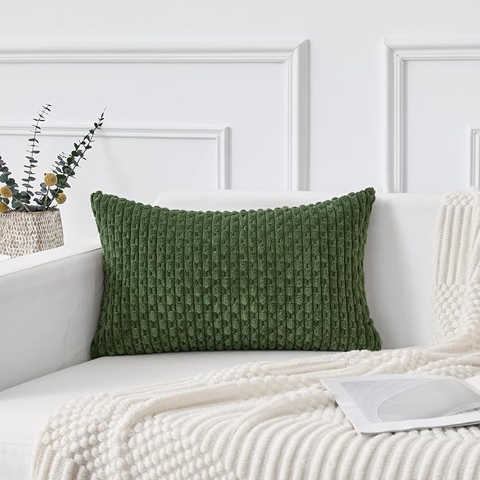 Kevin Textile Spring 14x22 Inch Pillow Cover 1 Pack Boho Decorative Soft Striped Corduroy Lumbar Farmhouse Solid Color Accent Rectangle Cushion Case for Living Room Couch Sofa Bed, Moss Green