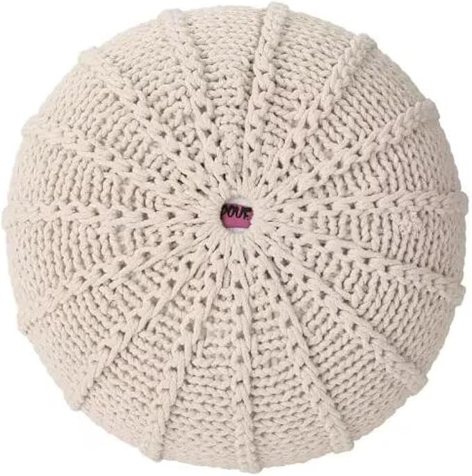 Knitted Pouf Ottoman - 19.5" Round Cotton Footrest - Beige - Cozy Seat & Home Decor - Versatile Storage Ottoman