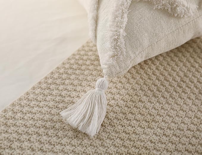 PANOD Decorative Long Lumbar Pillow Cover 12x32 Boho,Super Soft Chenille Extra Long Lumbar Pillow Case Cover with Tassel for Bed Sofa Couch Farmhouse Livingroom,White,Modern Skinny