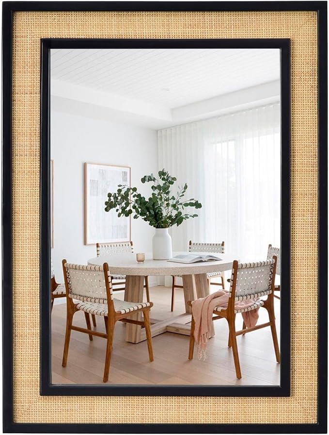 Rectangle Rattan Mirror, 20"x28" Rattan Wall Mirror, Farmhouse Wooden Vanity Mirror with Handmade Wicker Frame, Decorative Boho Mirror for Nursery Bedroom Living Room Entryway Black