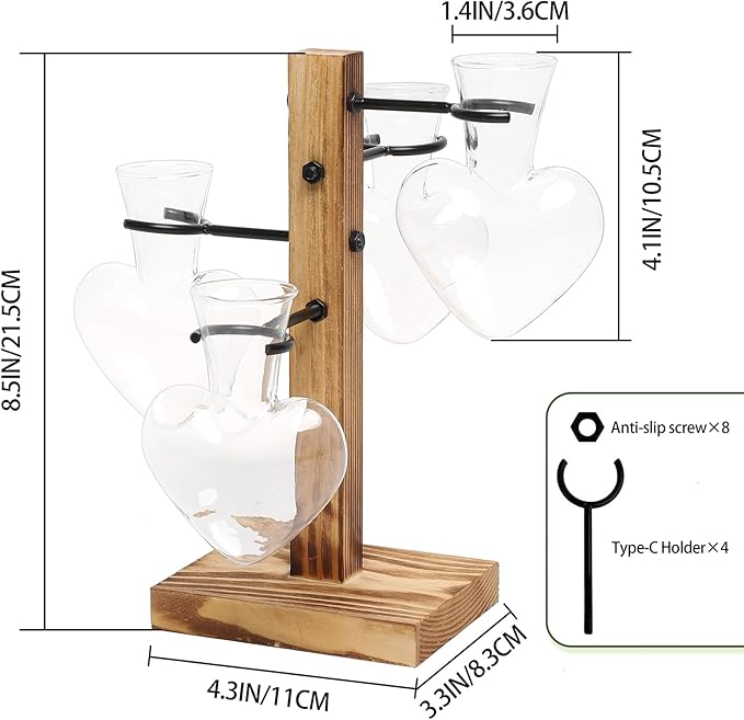 Plant Terrarium Propagation Stations with Wooden Stand, Glass Vase for Indoor Hydroponics Home Garden Office Decoration Gift for Women - 4 Love Bulb Vase