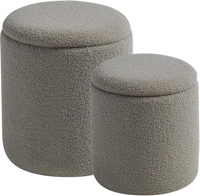 Round Ottoman with Storage Set of 2 - Upholstered Sherpa Vanity Stool for Makeup Multifunctional Ottomans Coffee Table Padded Seat Foot Rest for Living Room & Bedroom (Sherpa Gray)