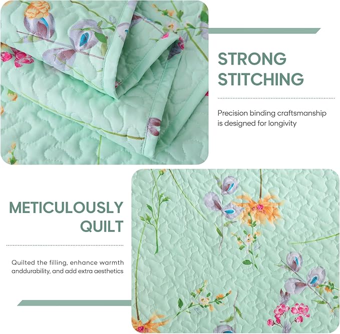JSD Green Floral Quilt Set Full Queen Size, 3 Piece Printed Bedspreads Coverlet with Pillow Sham, Soft Microfiber Quilted Blanket