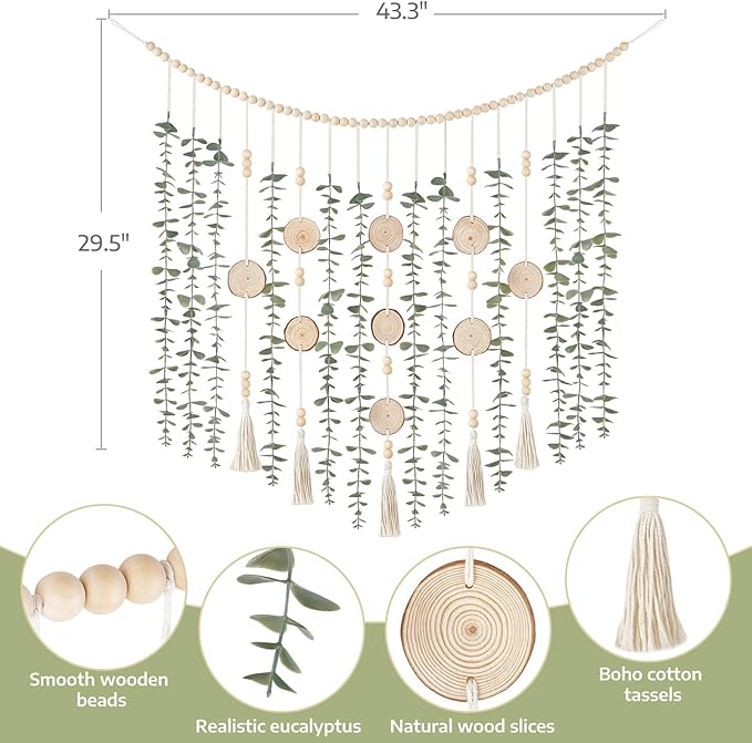 Dahey Hanging Artificial Plant Eucalyptus Wall Decor 43'' Wooden Bead Garland with Fake Greenery Leaves Boho Rustic Farmhouse Wall Art for Living Dining Room Bathroom Bedroom Kitchen Decoration