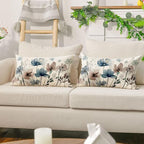 AVOIN colorlife Poppy Flowers Chinoiserie Throw Pillow Covers, 12 x 20 Inch Blue Brown Seasonal Leaves Cushion Case Decoration for Sofa Couch Set of 2