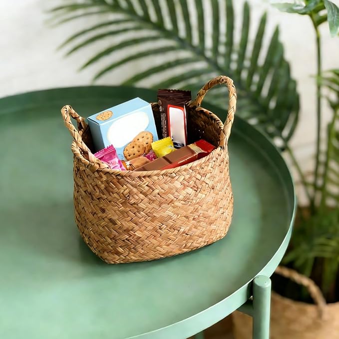Cabilock Seagrass Bin Flower Girl Basket Storage Basket Lid Straw Bag for Living Room Decor