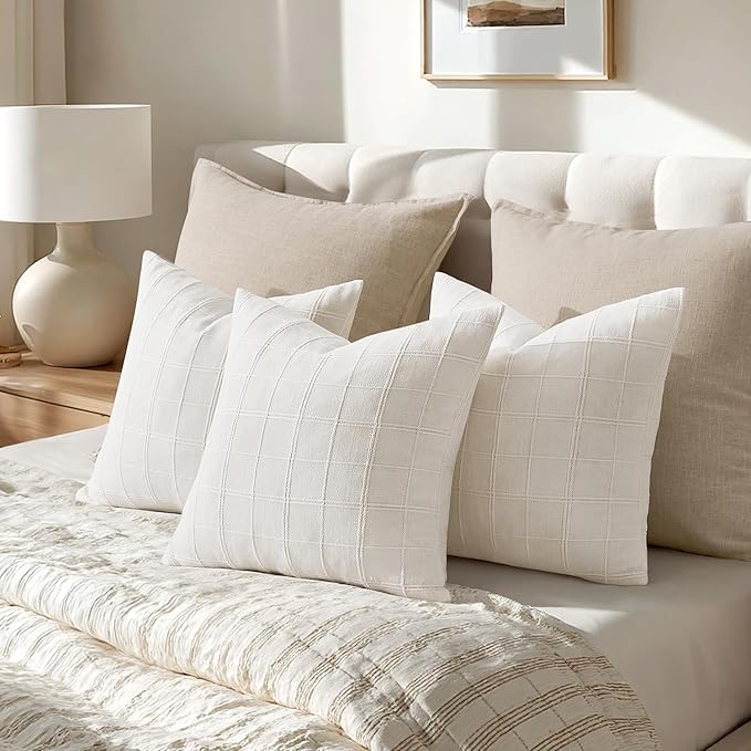 Woaboy Linen Check Throw Pillow Covers Set of 2 - Cream White Farmhouse Modern Boho Vintage Decorative Cushion Covers for Sofa Couch Bedroom Living Room Decor 20x20 Inch