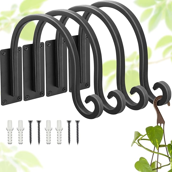 Heavy Duty Plant Hanger Bracket (8"/Black) - 4 Packs, 35lbs Weight Capacity - Outdoor Hand-Forged Hanging Plant Bracket Durable and Stable Bird Feeder Hanger