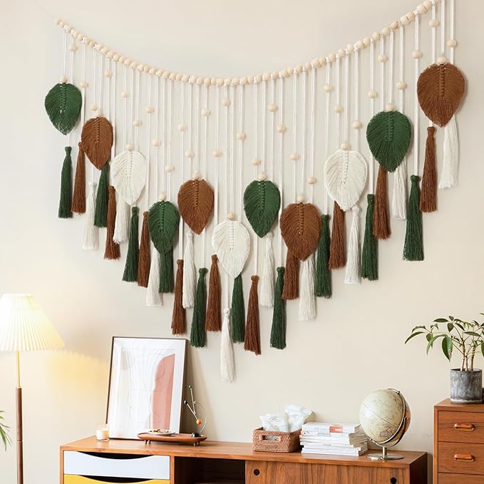 Betylifoy Large Macrame Wall Hanging Boho Woven Leaf Tapestry Fall Decor Khaki Green Leaf Feather Wall Decor Handmade Cotton Wall Art Home Decor for Bedroom Living Room Nursery Apartment, 51.2"W X 31.5"L