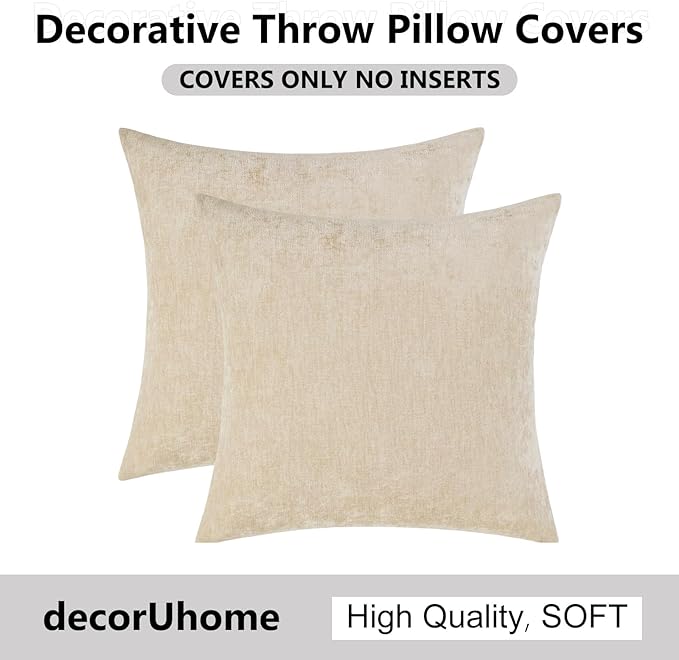 decorUhome Chenille Beige Spring Euro Sham Throw Pillow Covers 24x24 Inch Set of 2, Decorative Soft Couch Pillow Covers Solid Dyed Accent Farmhouse Neutral Square Pillow Cases for Sofa