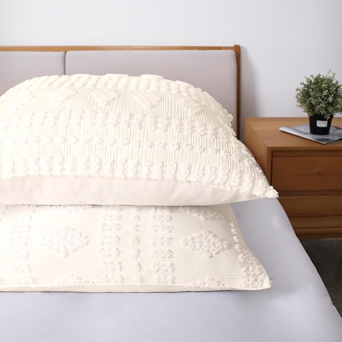 Tufted Pillow Shams Standard Ivory Set of 2 Boho Pillowcases Shabby Chic Decorative Textured Poms Cream Diamonds Moroccan Embroidery Farmhouse 20x26