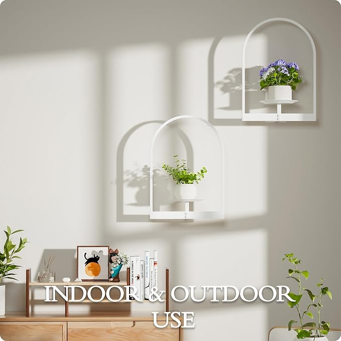 White Metal Wall Plant Holder - 2-Pack Wall Mounted Plant Stands and Hanging Holders for Indoor Planter and Flower Pot - Arch Decor Shelf for Plant Storage (Pot Not Included)