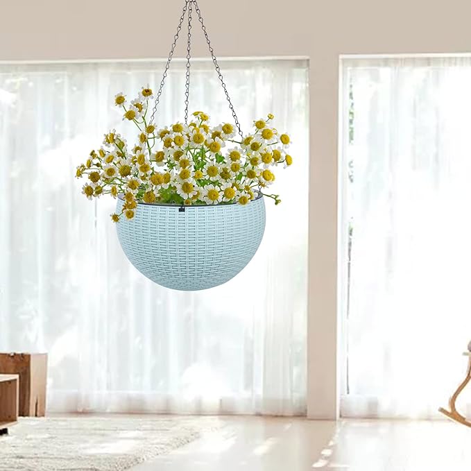 Vencer 11 Inch Round Resin Rattan Hanging Planters,Self Watering Hanging Basket for Indoor Outdoor Plants,Hanging Flower Pots with Drain Hole and Metal Chain,Water Indicator,Light Blue,VF-A15-B