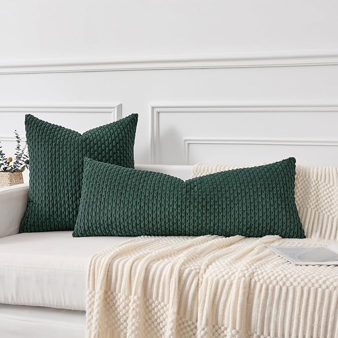 Kevin Textile 14x36 Inch Long Lumbar 1 Pack Boho Decorative Throw Pillow Cover Soft Striped Corduroy Rectangle Cushion Case Farmhouse Color Accent for Living Room Couch Sofa Bed, Army Green