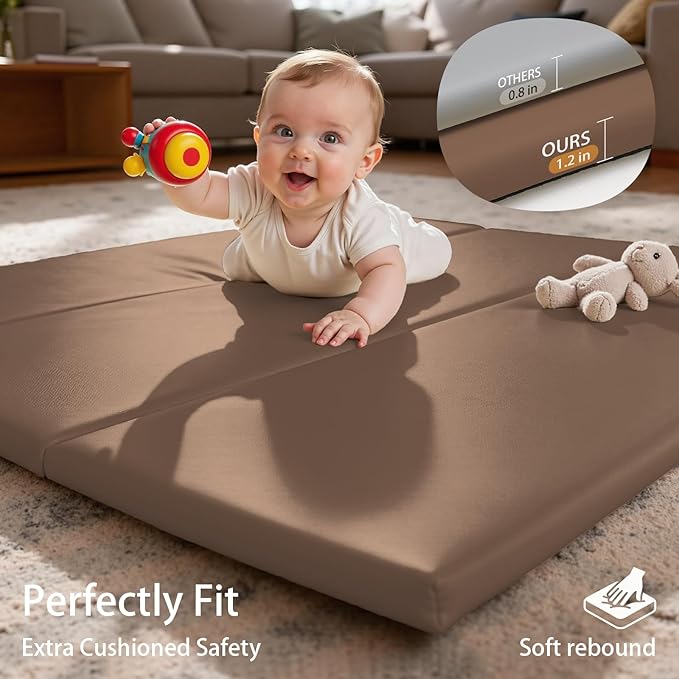 Foam Baby Play Mat: PU Leather Waterproof Kids Trifold Floor Playmat - Large Play Mat for Playpen Fodable Mattress Soft Toddler Mattress Infant Cushion for Preschool