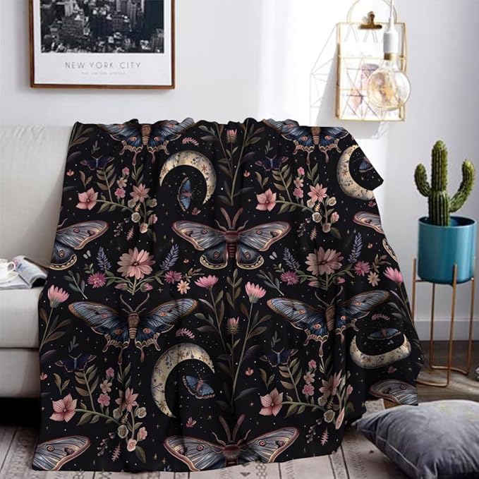 Moon Moth Throw Blanket 50"x60" Soft Cozy Lightweight Flannel,Mystical Night Garden Botanical Celestial Blankets Gifts for Women Gothic Witchy Blanekts for Couch Office Travel Home Decor