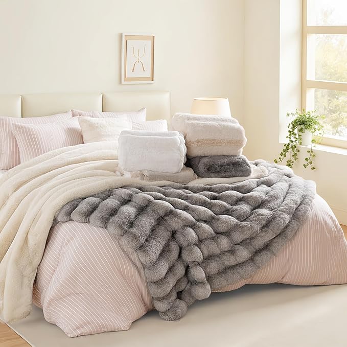 NEXHOME PRO Faux Fur Throw Blanket, Ultra Soft Cozy Warm Fuzzy Fluffy Plush Reversible Blanket for Couch, Sofa, Bed, Home Decor Gift, Beige 5060
