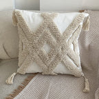 Ethnic Retro Style Tassel Sofa Bedside Cushion Cover Office Lumbar Pillow Tufted Pillow Cover Moroccan Cushion Cover (Geometric Rhombus), Beige