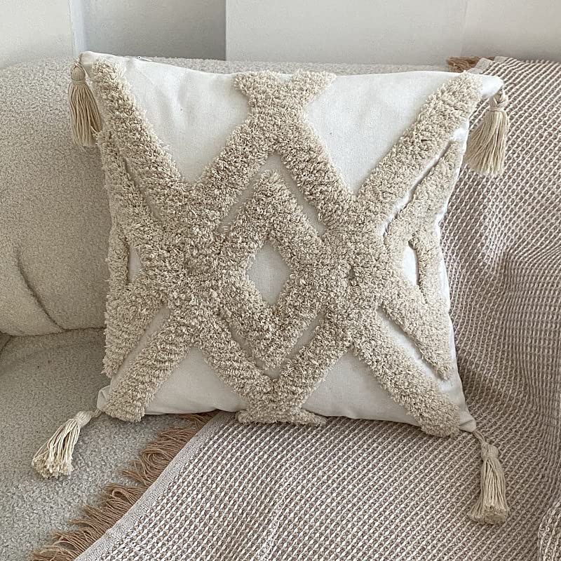 Ethnic Retro Style Tassel Sofa Bedside Cushion Cover Office Lumbar Pillow Tufted Pillow Cover Moroccan Cushion Cover (Geometric Rhombus), Beige