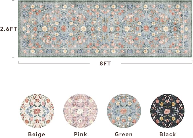 AMOAMI Vintage Floral Runners for Hallways Indoor, 2'6''x8' Kitchen Runner Rug Non Slip Machine Washable Entryway Rug Runner Ultra Soft Boho Carpet Runner for Hallway Kitchen Bedside Entryway, Green