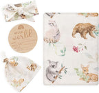 BabyWhale Muslin Swaddle Blanket with Hat and Headband Bow, Animals Print Swaddle Set for Baby Boys ＆ Girls, Newborn Silky Soft Receiving Blanket Wrap, 47x47 inches