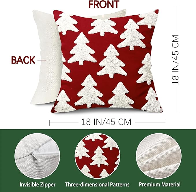 Red Christmas Tree Embroidery Decorative Throw Pillow Covers 18 x 18 Set of 2, Xmas Pine Trees Tufted Porch Outdoor Home Decor, Winter Holiday Plush Faux Fur Jacquard Sofa Couch Cushion Case
