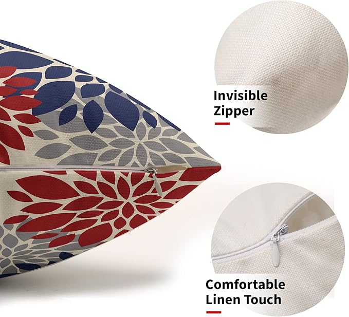 4th of July Pillow Covers 12X20 Inch Set of 2, Patriotic Blue Red Grey Dahlia Floral Print Holiday Decorative Rectangle Throw Pillow Covers Outdoor Farmhouse Cushion Case for Couch Sofa Bed Decor