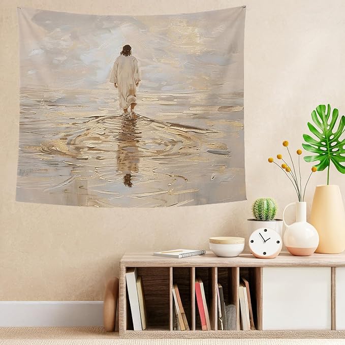 bitCNY Jesus Walking on Water Golden Glow Tapestry – Christian Wall Hanging with Divine Light, Faith-Inspired Religious Home Decor, 50x60 Inch