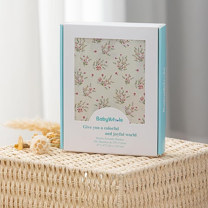 Newborn Swaddle Set with Matching Hat and Headband Bow, Wooden Birth Announcement Card, Muslin Baby Swaddle Blankets for Girls, Wildflower Pattern