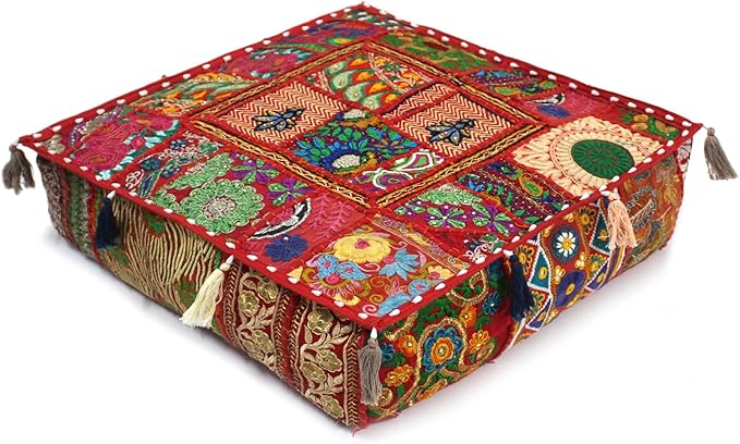Mam Treasures Indian Bohemian Decorative Pillow Vintage Cushion Cover Patchwork Square Floor Pillow Cover Meditation Cushion Large Floor Pillow Indian Cushion (Red, 18 X 18 X 5 Inch)