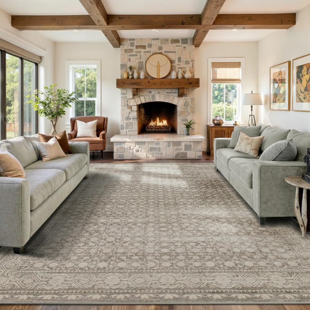 9x12 Washable Area Rug for Living Room, Extra Large Neutral Vintage Boho Rugs for Dining Room, Kids Room, Farmhouse, Durable Low Pile Non Slip Carpet for High Traffic Areas, Apricot - color: Apricot, size: 9' x 12' (Rectangular)
