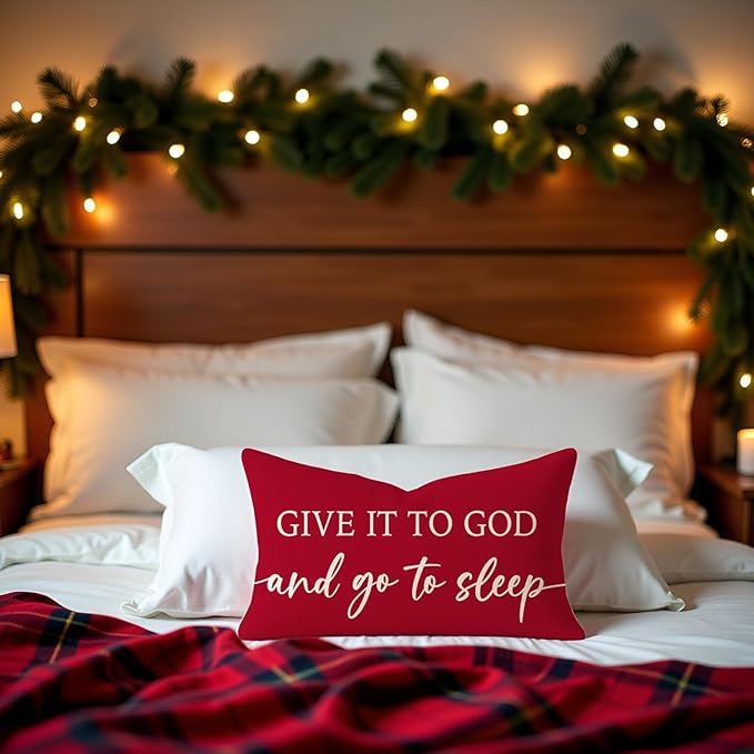 Red Christmas Pillow Covers 12x20 Inch Set of 2 – Relax God’s Got This/Give It to God and Go to Sleep – Christian Holiday Throw Pillowcase, Gift for Women