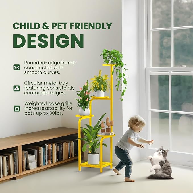 TOSKING 5 Tier Tall Plant Stand Indoor Outdoor,Anti-Tip Plant Stand indoor, Wide Base for Pots, Child and Pet Friendly,Heavy Duty Corner Shelf for Plants & Decor, Space Saving ,Tiered Metal Flower Pot Stand for Balcony, Garden, Living Room, Patio (Yell...
