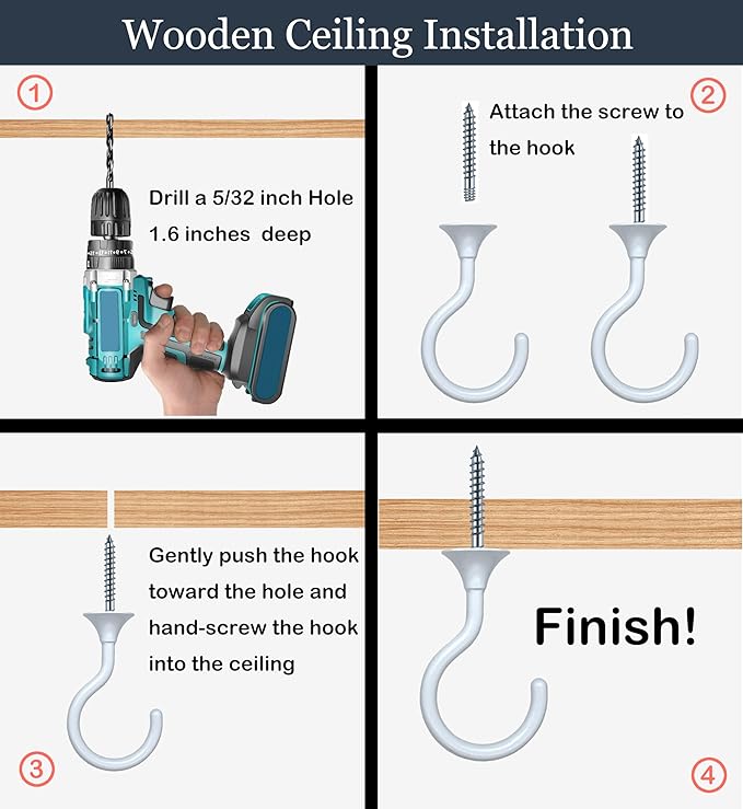 2 Sets Large Swag Ceiling Hooks 2.4 inch Heavy Duty Metal Ceiling Hooks for Hanging Plants and Lights, Fit for Wood, Concrete and Drywall Ceilings (White)