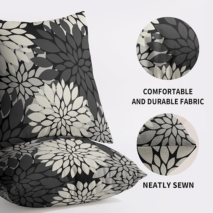 Black Cream Grey Gray Pillow Covers 18X18 Inch Set of 2, Modern Dahlia Floral Print Decorative Throw Pillow Covers Outdoor Farmhouse Cushion Case for Home Couch Sofa Bed Decoration