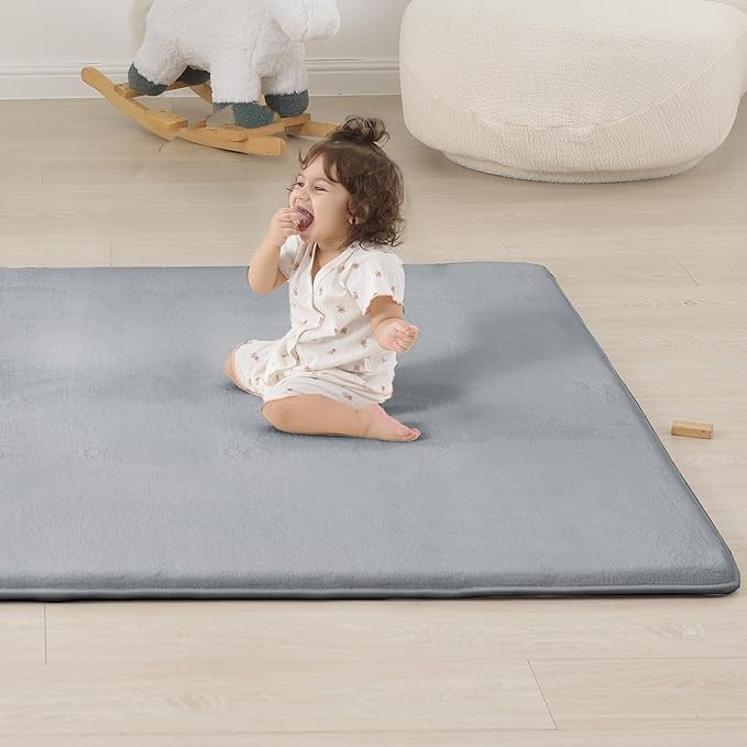 1.3" Thick Baby Play Mat for Floor, 79x79 Playpen Mat, Pro Soft Flannel Foam Mats Toddler Infant Kids Crawling for Nursery Rug Playroom Living Room Waterproof Easy Care Non-Slip (Light Grey)
