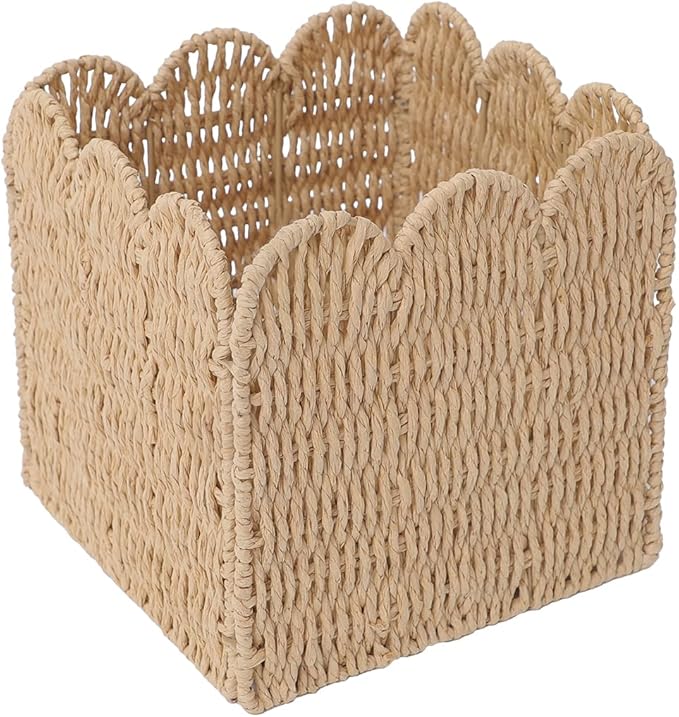 GYASVWU Paper Rope Scalloped Basket, Foldable Scalloped Storage Basket for Organizing, Woven Baskets for Storage,Wicker Baskets for Nursery/Living Room/Kitchen Organizing and Decor (Khaki)
