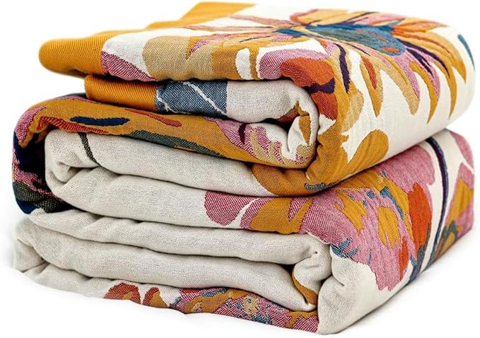 Boho Throw Blanket - 100% Cotton Soft Spring Throw Blanket for Bed, 50"x60" Reversible Breathable Lightweight Blankets, All Seasons Farmhouse Decor Floral Plant Butterfly Throw Quilt