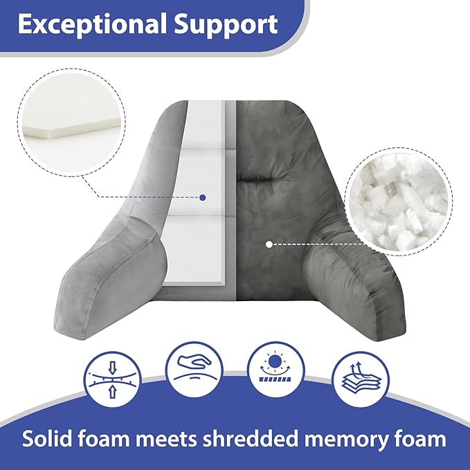 Reading Pillows for Sitting in Bed Adult, Back Pillow for Bed Sitting Up, Backrest Pillows with Shredded Foam for Adult&Teens, Support Pillow with Arms for Beds, Couch, Floor, 18in, Grey