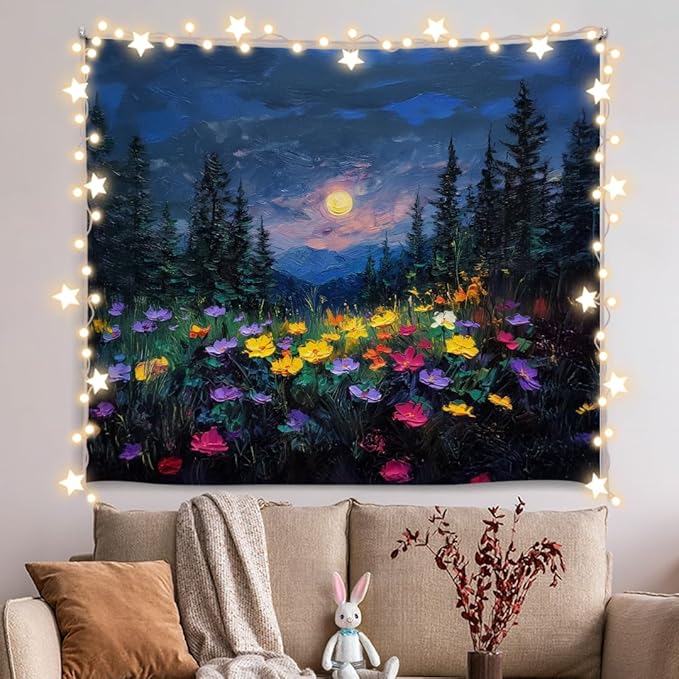 Moon and Wildflower Forest Wall Tapestry,Dark Moody Night Landscape Wall Tapestry, Oil Painting Style Soft Flannel Banner Decor for Bedroom,Dorm Living Room, Aesthetic Home Artwork 59x51 inch(Blue-Moon and Flower)