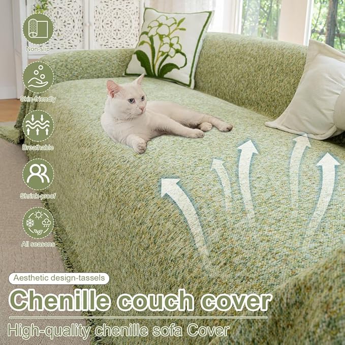 ROOMLIFE Green Sofa Cover,Couch Cover for Dogs Washable, Soft Chenille 3 Cushion Couch Covers for Sofa, Furniture Sofa Protector Loveseat Sectional Couch Throw Blankets with Tassels 71 '' X 134''