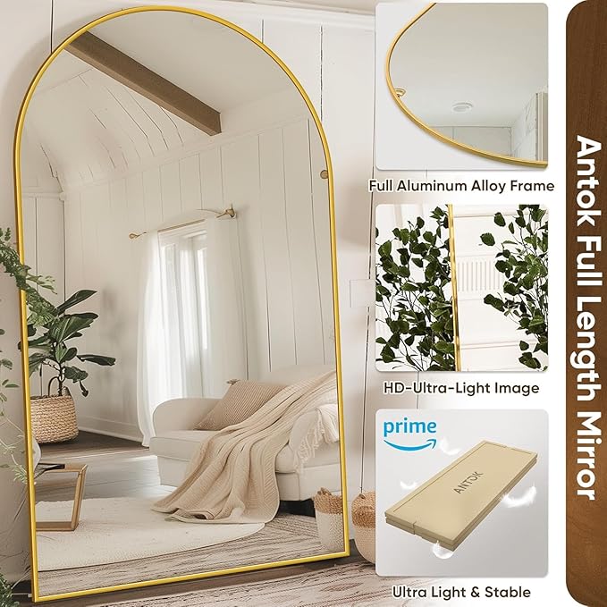 Antok 72" x44” Arched Full Length Floor Mirror, Gold Aluminum Frame, Free Standing/Wall Mount/Leaning for Bedroom, Living Room, Dressing Room