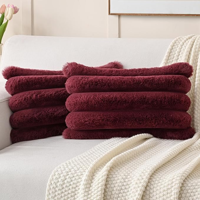 FUTEI Burgundy Decorative Throw Pillow Covers 12x20 Inch Set of 2, Square Soft Faux Rabbit Fur Thick Striped Lumbar Pillow Case,Spring Home Decor for Couch Bed Living Room