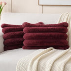 FUTEI Burgundy Decorative Throw Pillow Covers 12x20 Inch Set of 2, Square Soft Faux Rabbit Fur Thick Striped Lumbar Pillow Case,Spring Home Decor for Couch Bed Living Room
