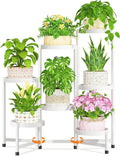 LASZOLA 7 Tiered Plant Stand Indoor Outdoor with Plastic Tray, Corner Folding Tall Flower Display Rack, Modern Plant Holder Shelf for Outdoor Patio Porch Garden Office Living Room, White