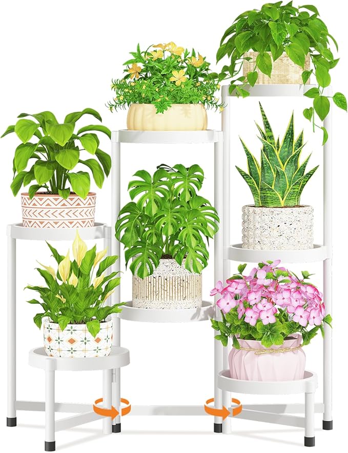 LASZOLA 7 Tiered Plant Stand Indoor Outdoor with Plastic Tray, Corner Folding Tall Flower Display Rack, Modern Plant Holder Shelf for Outdoor Patio Porch Garden Office Living Room, White