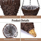 4 Pcs Hanging Plant Flower Basket for Outdoor Spring Decoration, 7.87 Inches Black Iron Chain Wicker Woven Conical Artificial Flower Hanging Basket, Plants Not Included (Coffee)