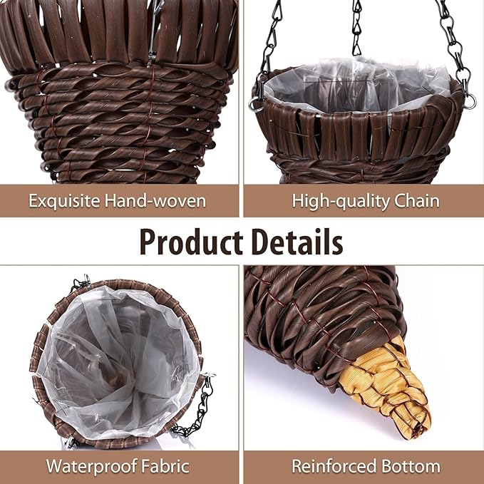 4 Pcs Hanging Plant Flower Basket for Outdoor Spring Decoration, 7.87 Inches Black Iron Chain Wicker Woven Conical Artificial Flower Hanging Basket, Plants Not Included (Coffee)