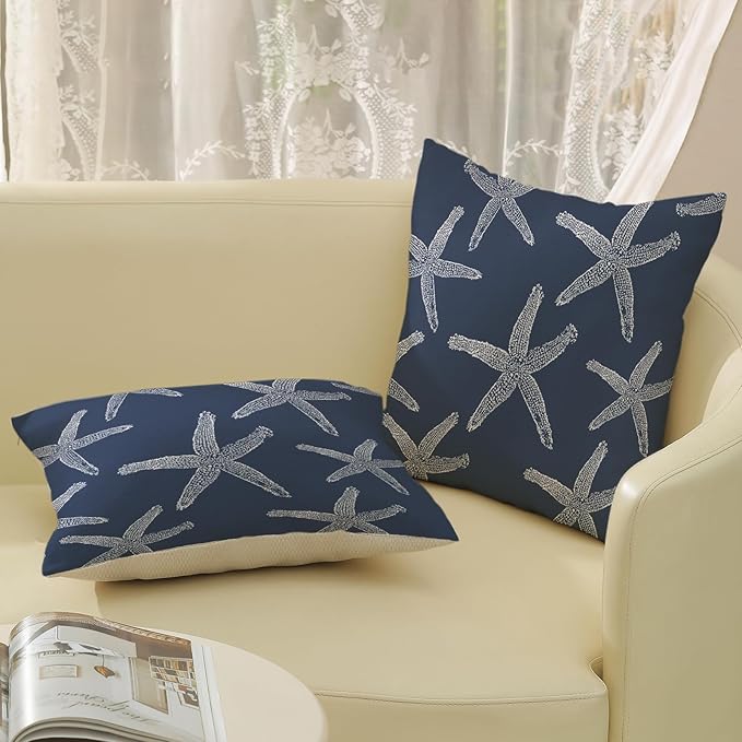 Navy Blue Starfish Pillow Covers 18x18 Inch Set of 2 Coastal Throw Pillows Summer Nautical Ocean Theme Decorations Beach Pillowcase Linen Outdoor Decor Farmhouse Cushion Case for Home Bedroom