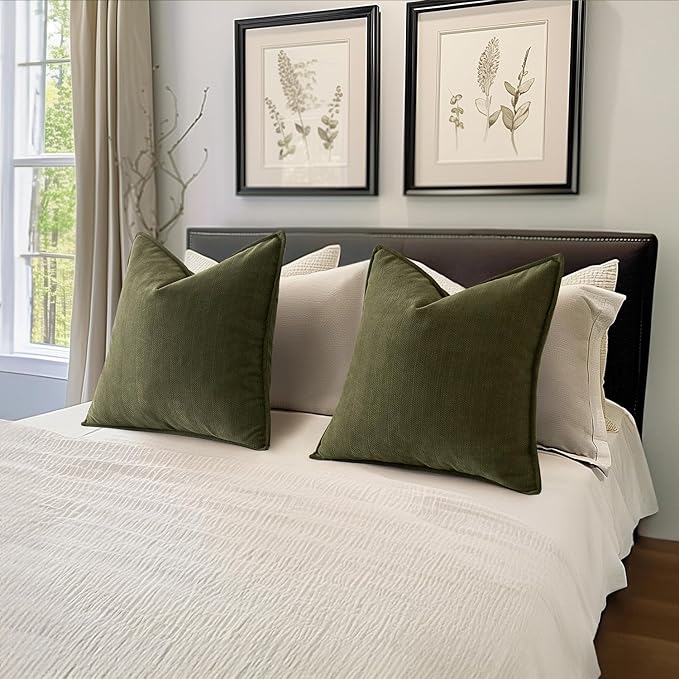 MIULEE Pack of 2 Olive Green Decorative Pillow Covers 18x18 Inch Soft Chenille Luxurious Couch Throw Pillows Farmhouse Cushion Covers with Elegant Design for Sofa Bedroom Living Room Home Decor